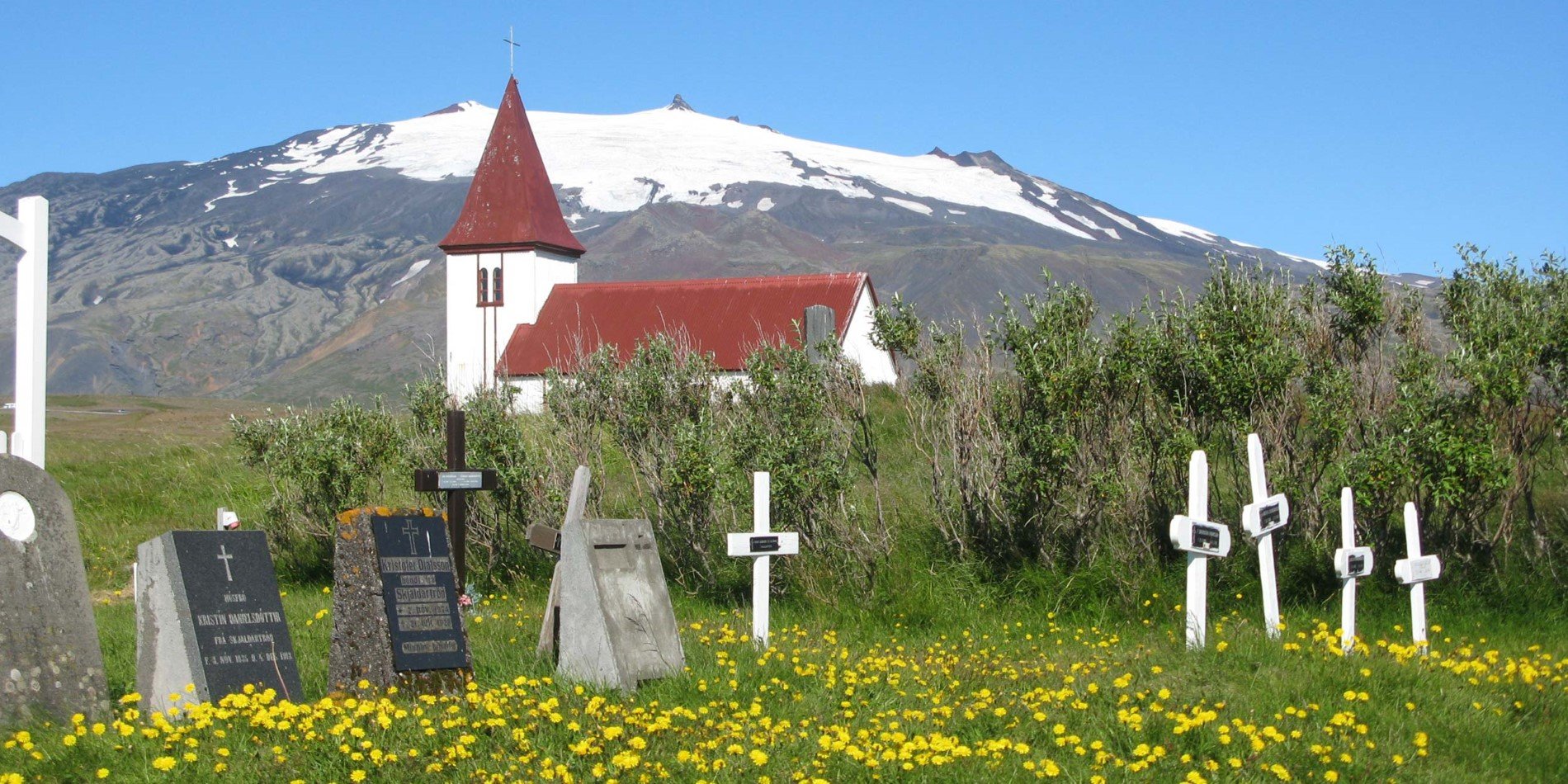Church at Hellnar with Snaefellsjökull in the background