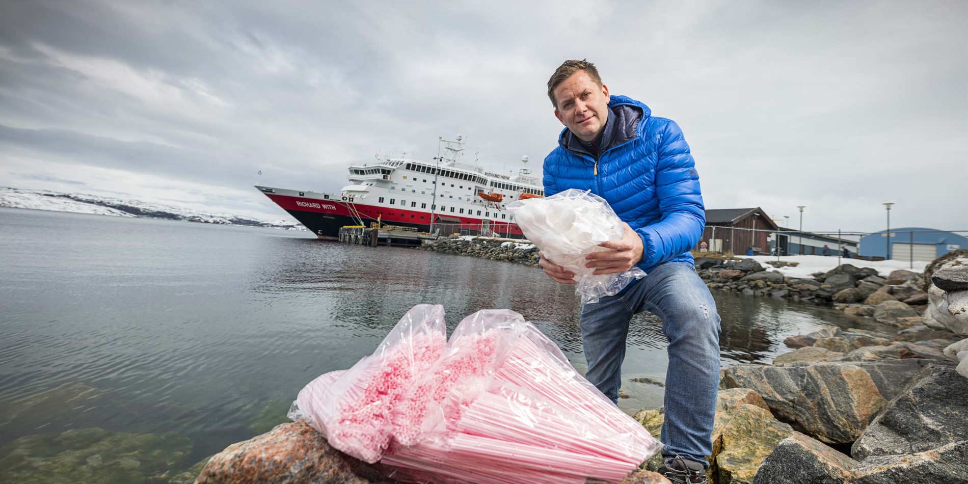 PLASTIC BAN: One million plastic straws a year are among the single use plastic items that will removed from all Hurtigruten ships this summer, as the company imposes a ban on single use plastic. Hurtigruten CEO Daniel Skjeldam, Hotel Manager Kristian Skar and rest of Hurtigruten employees are already removing plastic items from MS Richard With (in the background) and other Hurtigruten ships. 
