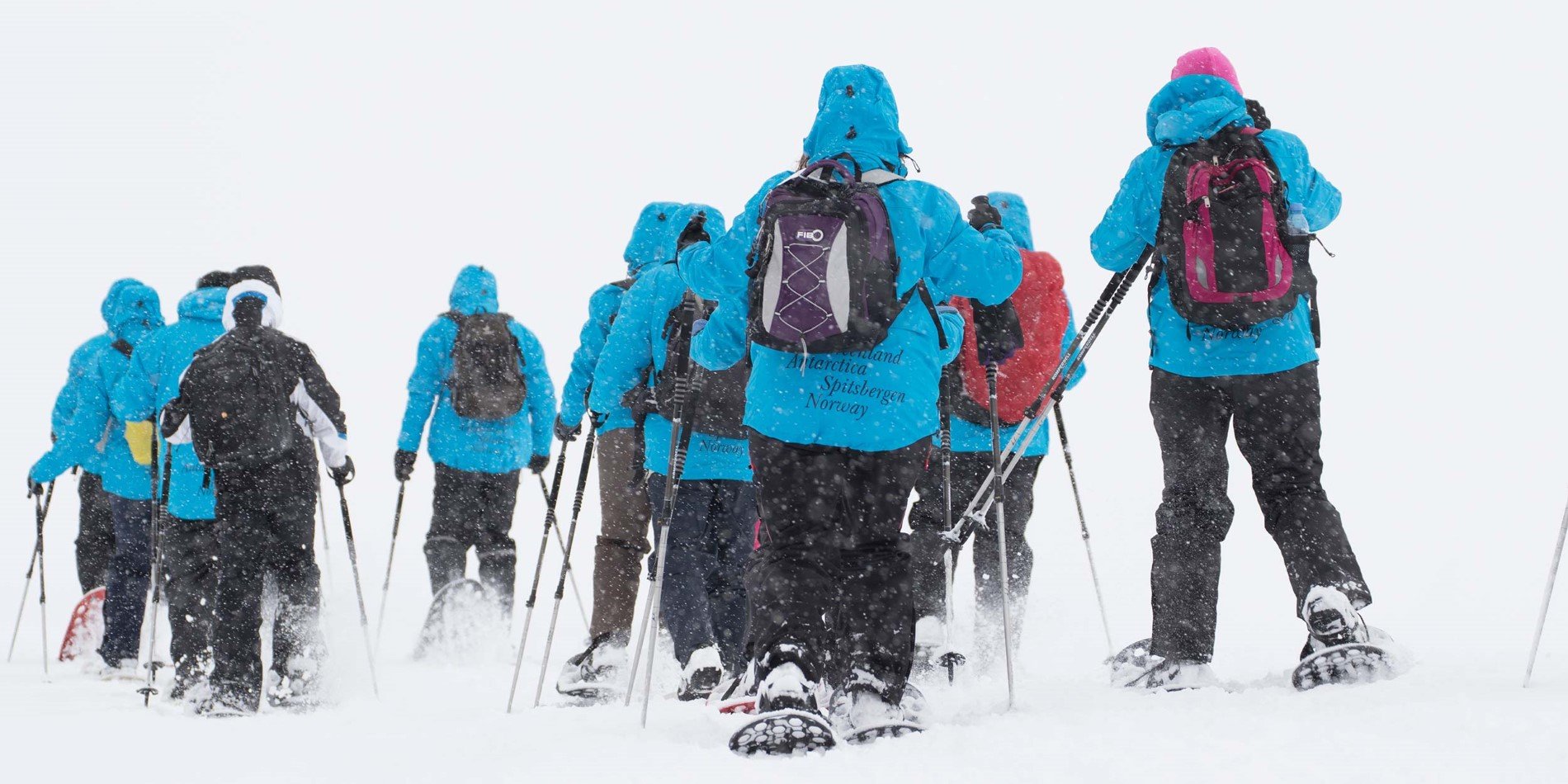 Group of tourists snow shoeing through drift snow